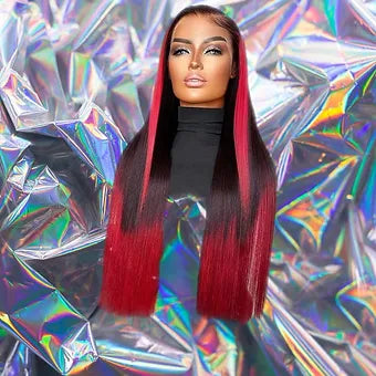 Alexy - Black & Red Ombré Highlight Straight Human Hair Wig