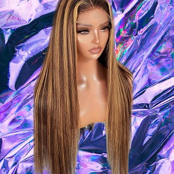 Amara - Dark & Light Brown Highlights Straight Human Hair  Lace Front Wig